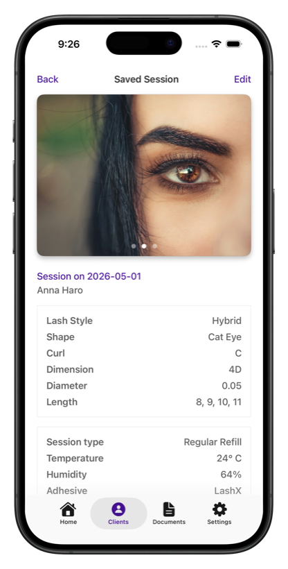 Lasha saved session detail showing lash style Hybrid, cat eye shape, curl, dimension and adhesive with eye photo