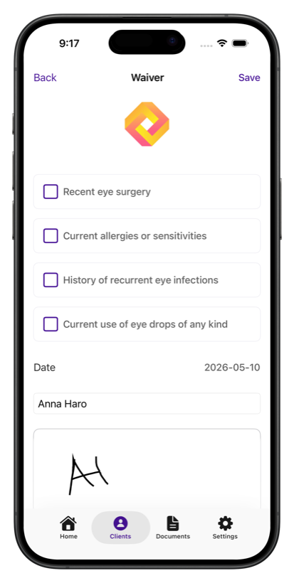 Lasha waiver screen with health-screening checkboxes, date, client name and a hand-written signature