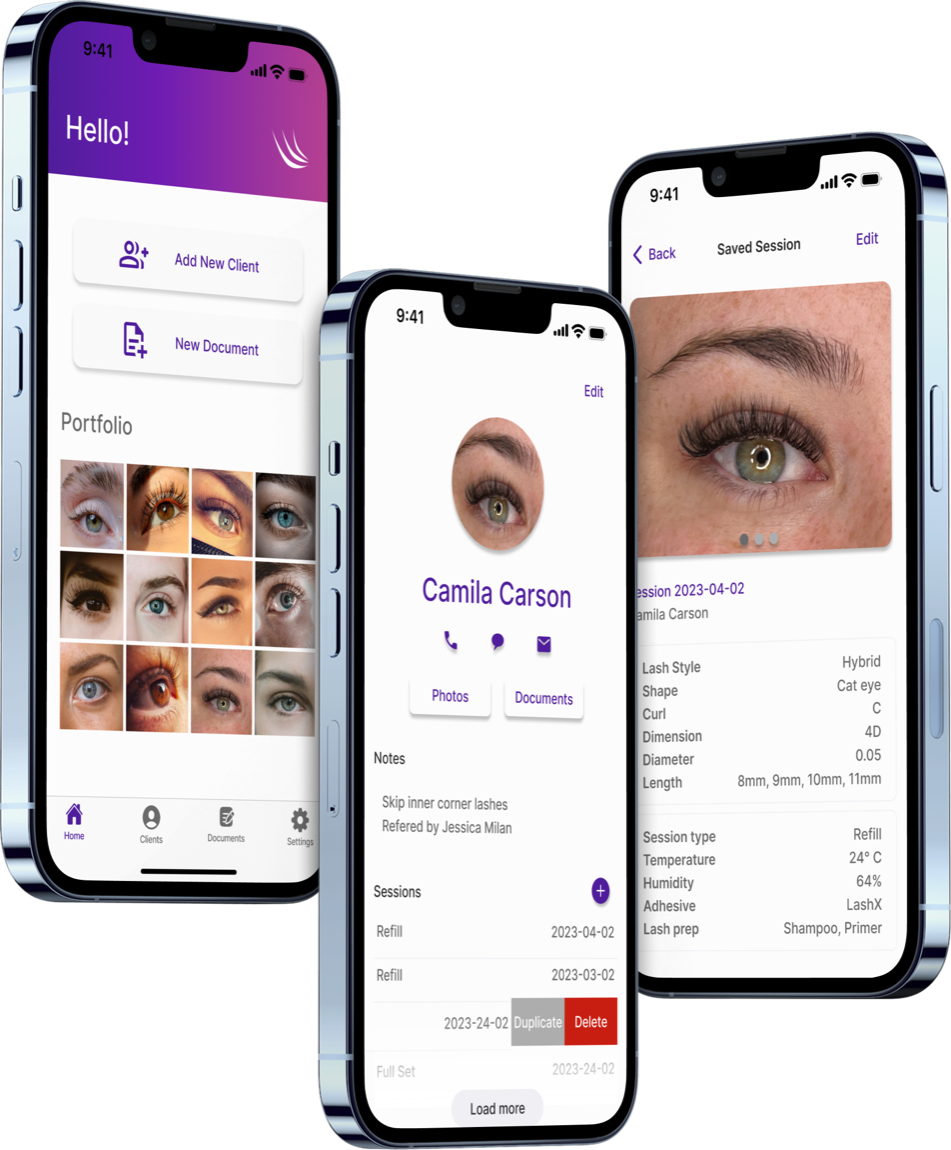 Three iPhones showing the Lasha home portfolio, a client profile for Camila Carson, and a saved lash session